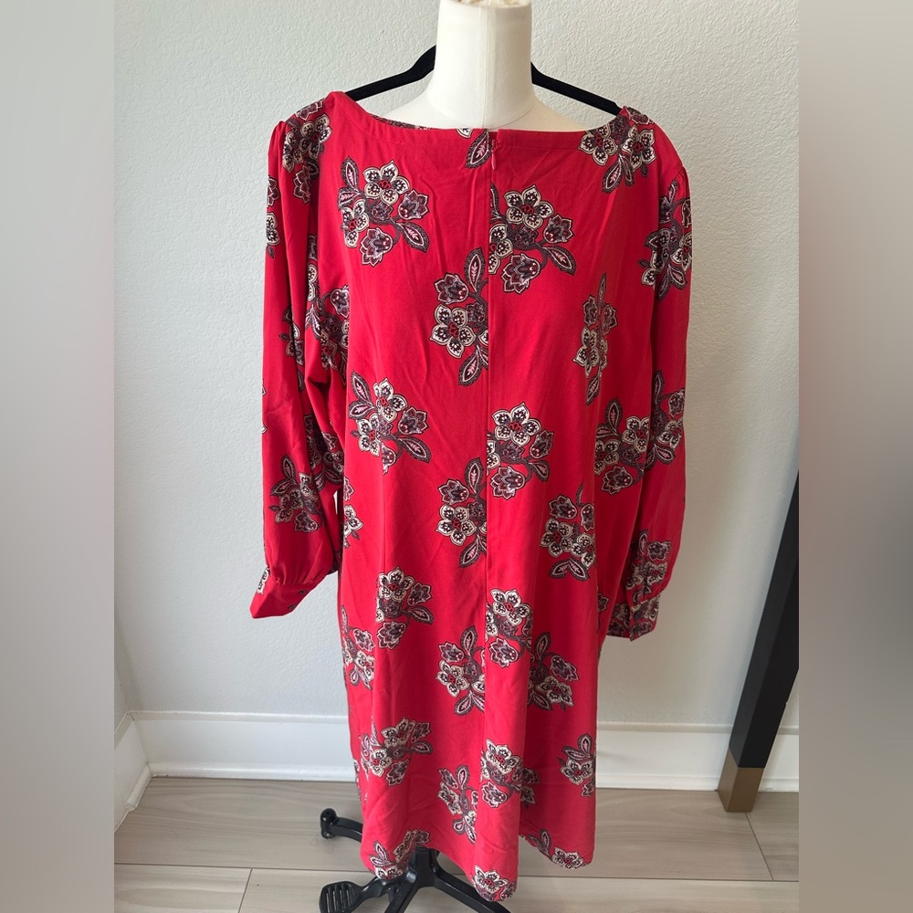 LOFT Red Sheath Dress with Bishop Sleeves and Bateau Neckline